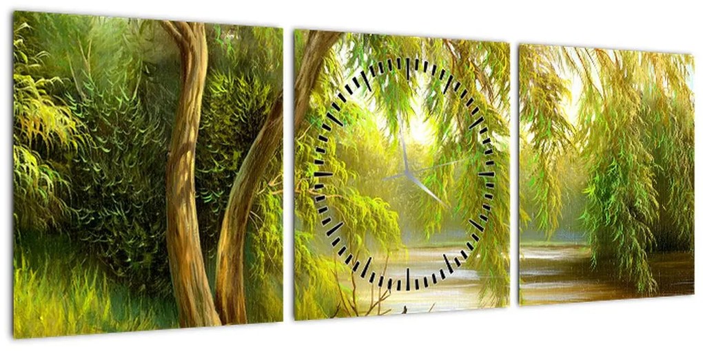 Obraz - Wierzba nad jeziorem, obraz olejny (z zegarem) (90x30 cm)