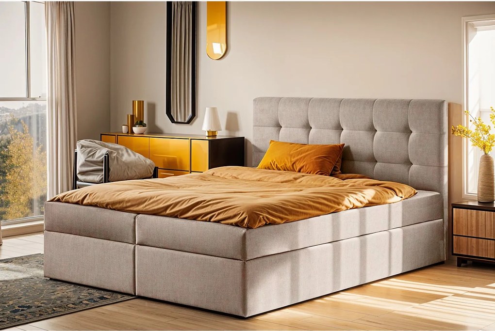 Łóżko kontynentalne z materacem i pojemnikiem LUDANO, tkanina Noel, Zimny beż, 140x200 cm, H3-Bonell