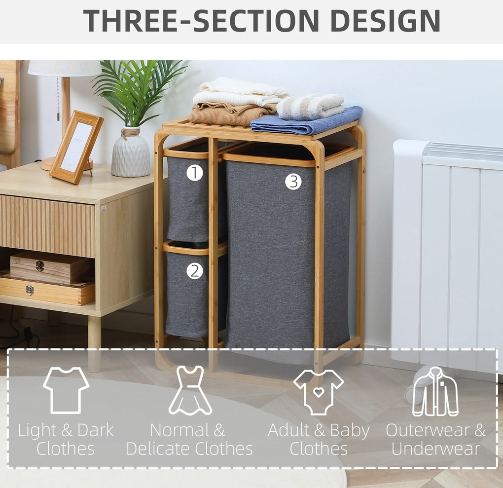 HOMCOM Kosz na Pranie z Bambusa 3 Wyjmowane Kosze Naturalny Szary 50x32x697cm | Aosom PL