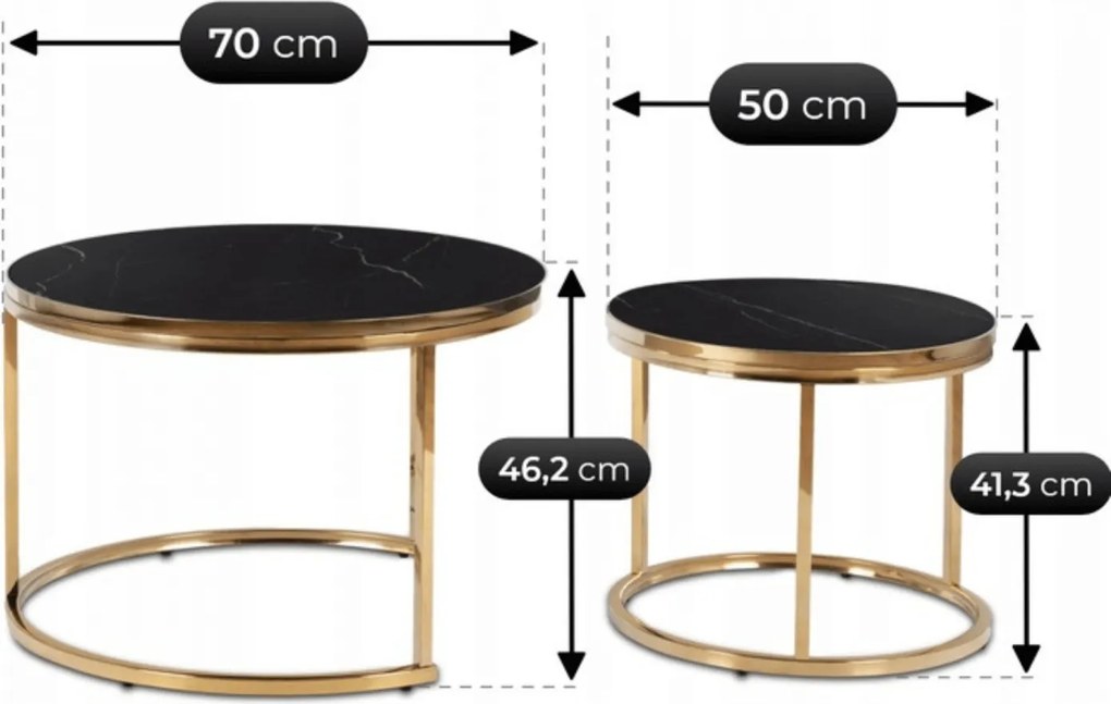 Zestaw Stolików Kawowych ARON 70 cm/50 cm Czarny Marmur Glamour