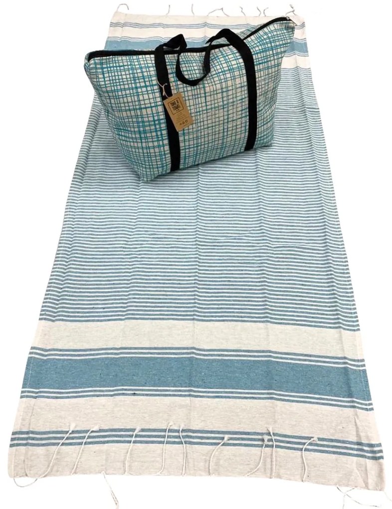 Stylowy zestaw torby plażowej + ręcznika plażowego HAMAM 75x150 cm, turkusowy, 100% bawełna organiczna