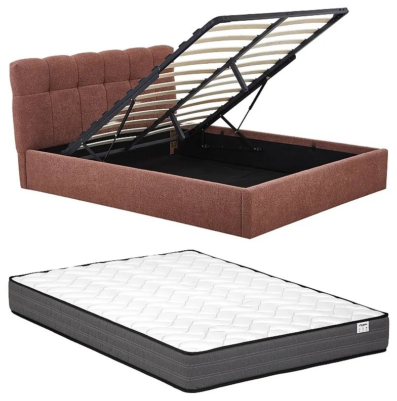 Łóżko ze skrzynią  160 x 200 cm - Tkanina z bukli  - Terakota + Materac - MAZIRI