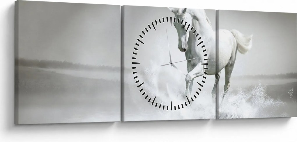 Obraz - Biały koń (z zegarem) (90x30 cm)