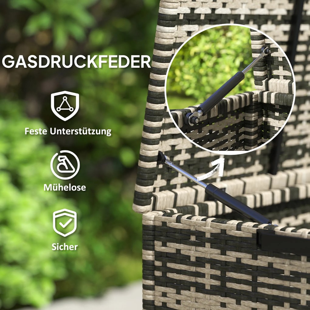 Outsunny Skrzynia Ogrodowa z Rattanu 350L, 2-Poziomy, z Pokrywą, Podnośnikami, Uchwytami, 118 x 57 x 69 cm, Mieszany Szary