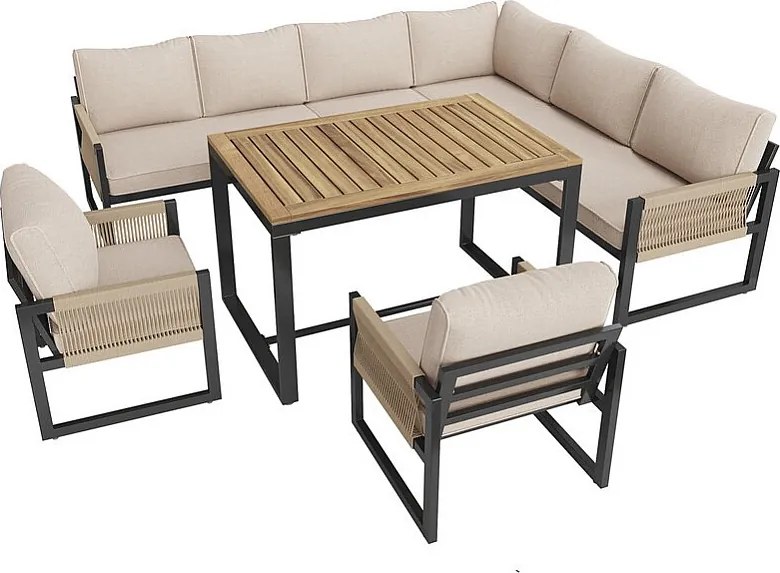 Zestaw mebli ogrodowych do jadalni dla 7-8 osób - narożnik - 2 fotele - 1 stół - beżowy
