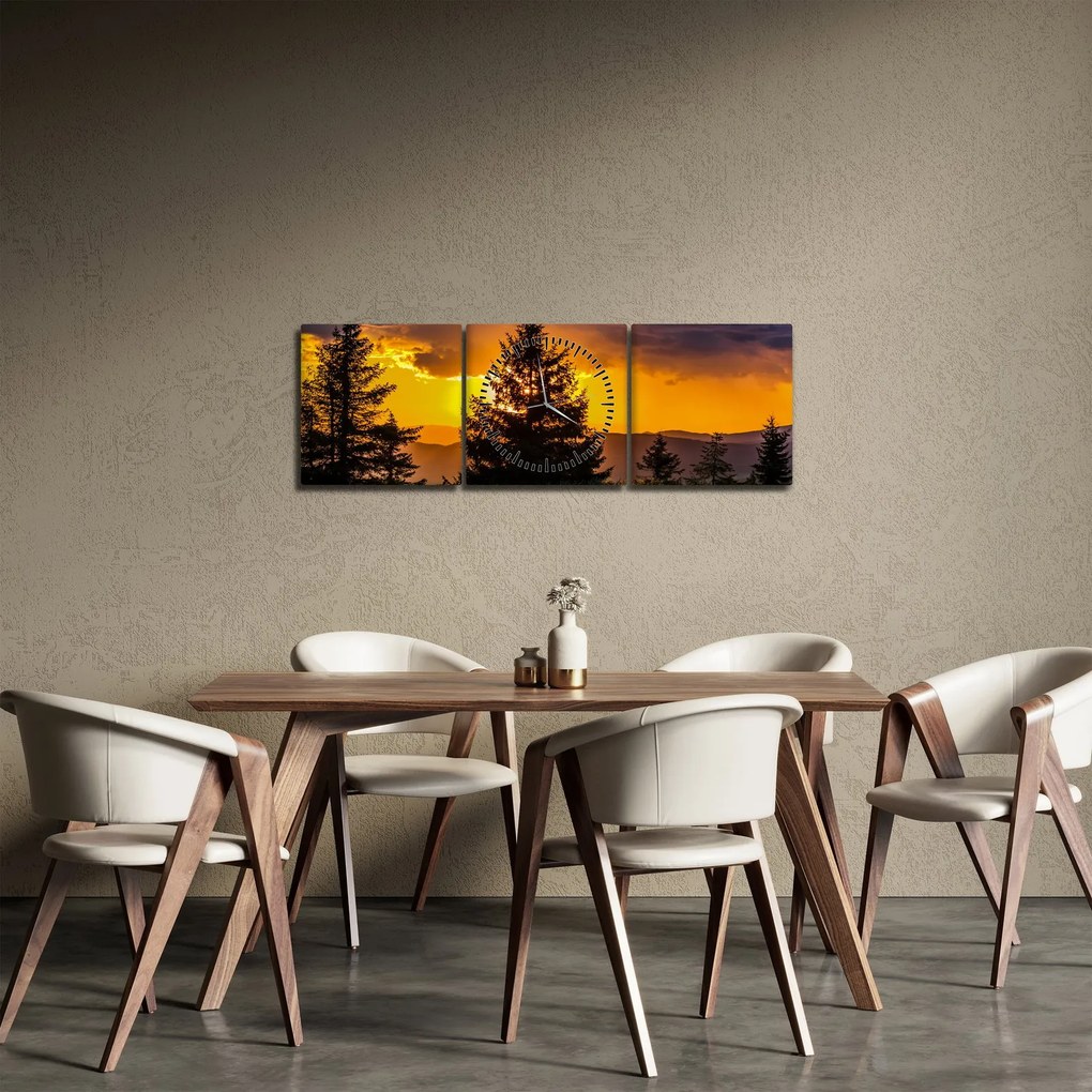 Obraz - drzewa iglaste (z zegarem) (90x30 cm)