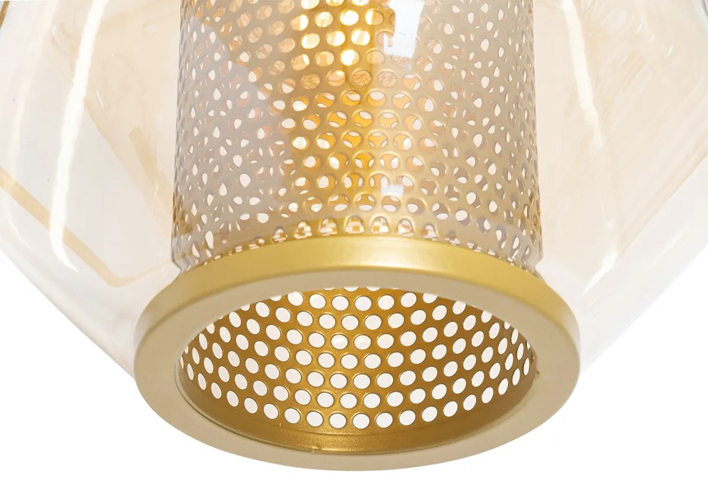 Złota lampa podłogowa art deco z bursztynowym szkłem - Kevin ArtDeco Oswietlenie wewnetrzne