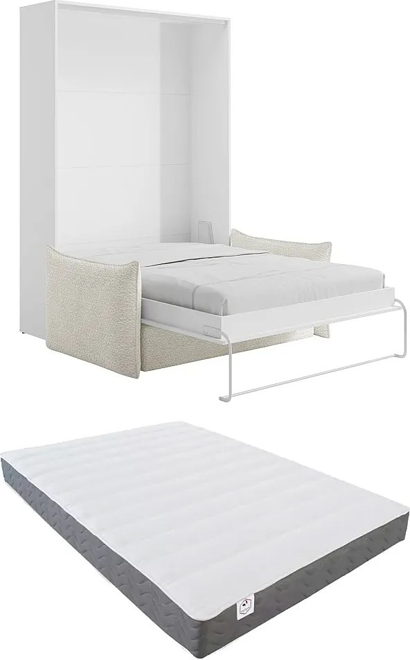 Łóżko chowane w szafie 140 x 200 cm - Ręczne otwieranie pionowe - Białe + Materac + kanapa - BEGANIO
