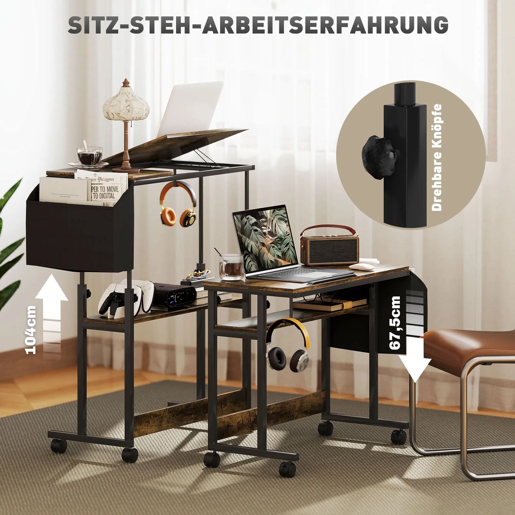 HOMCOM Stojące biurko z regulowaną wysokością i nachyleniem blatu, kółkami, półką, do pisania, czytania, rysowania, Rustykalny Brąz