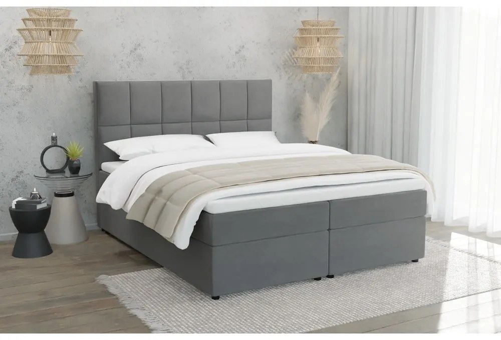 Szare łóżko boxspring ze schowkiem 160x200 cm Flip – Ropez