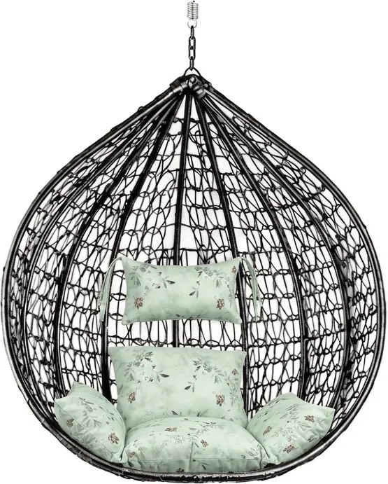 Czarne wiszące krzesło KOKON bez stojaka, jasnozielona poduszka ze wzorem