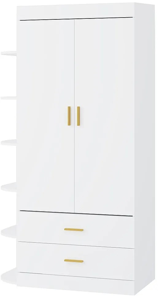 Szafa 2-drzwiowa z 2 szufladami i 6 półkami - szer. 100 cm - Biała i złota - GRIMORI