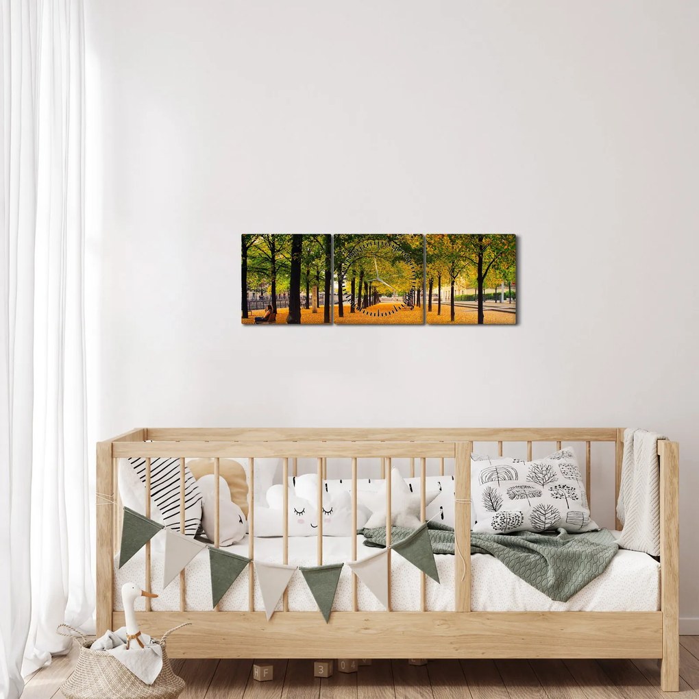 Obraz alei jesiennych drzew (z zegarem) (90x30 cm)