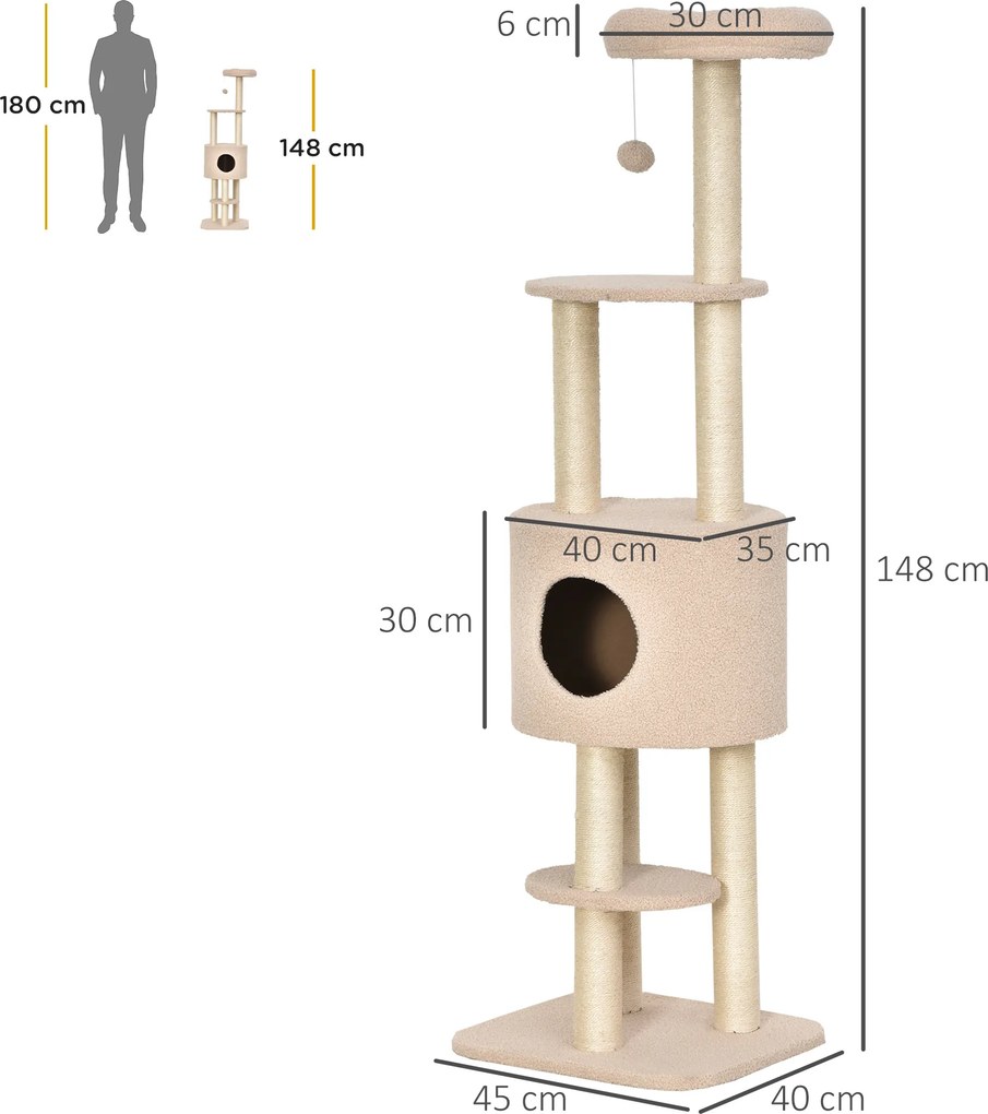 PawHut Drapak 148 cm wysokości drzewko dla kota z kryjówką, 4 zabawki, słupki sizalowe, duża platforma, wielopoziomowy dla kotów do 5 kg | Aosom PL