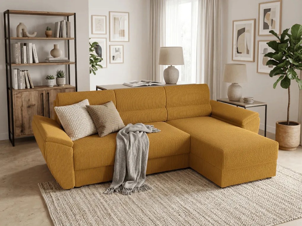 Rozkładana narożna sofa TAVERO 251x140 cm, musztardowa, uniwersalna