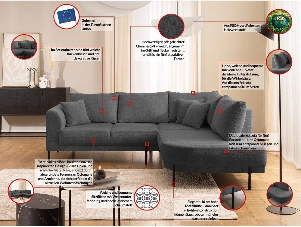 Ciemnoszary narożnik z tkaniny szenilowej (prawostronny/w kształcie litery L) Mauris – Ropez