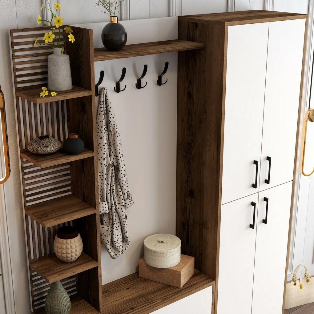 Wieszak z półką na buty, półkami i szafką Viyana Walnut and White