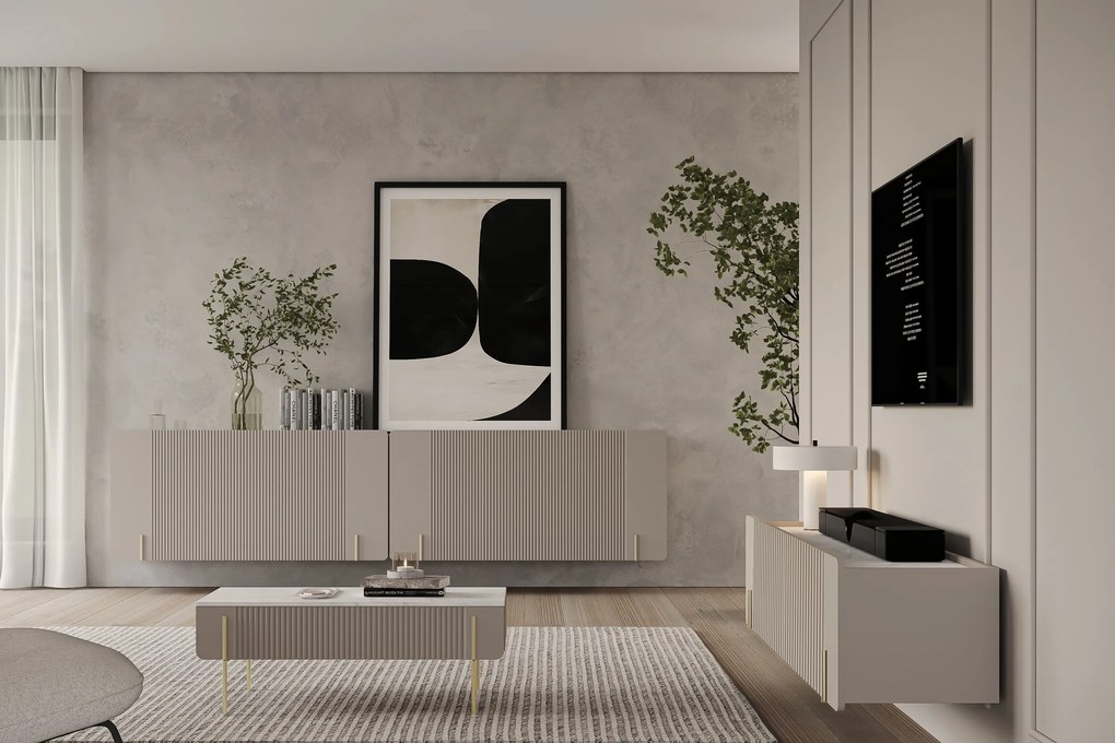 Stolik kawowy Malmi 100 cm z szufladami - kaszmir / crema bianca / złote nóżki