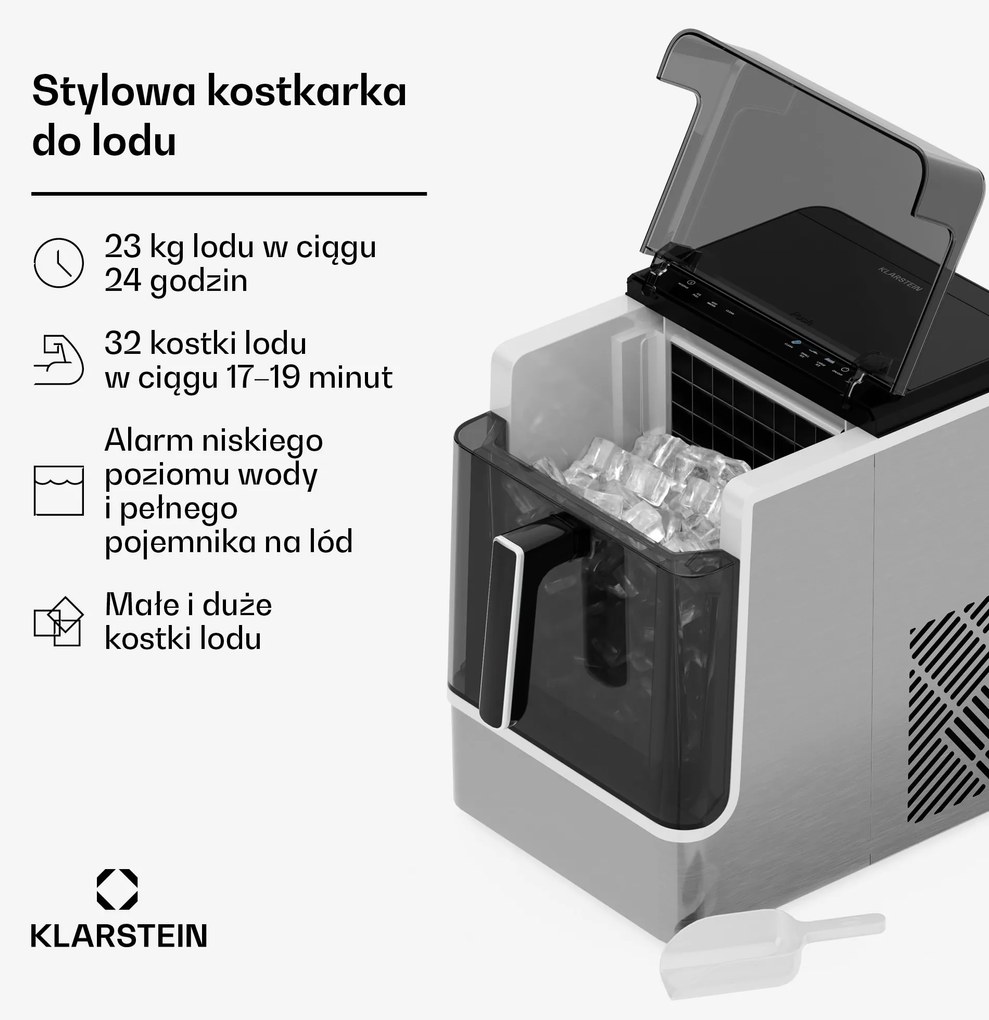 Klarstein IceLux 23kg/24h 1,9L Kostkarka do Lodu Srebrny