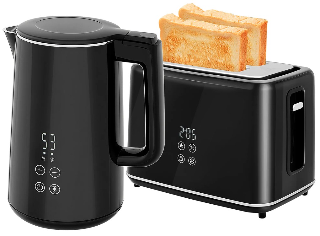 HOMCOM Zestaw kuchenny z czajnikiem i tosterem, 7 stopni zrumienienia, szybkie gotowanie, Stal nierdzewna, Plastik, Czarny