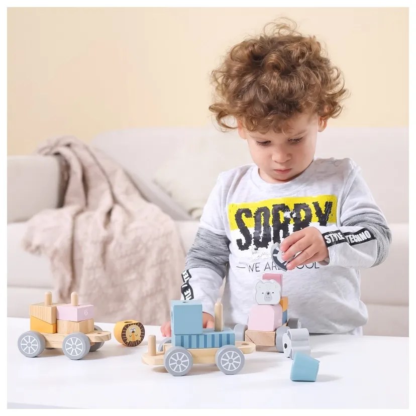Viga polarb drewniana kolejka z wagonikami i zwierzątkami do ciągnięcia montessori