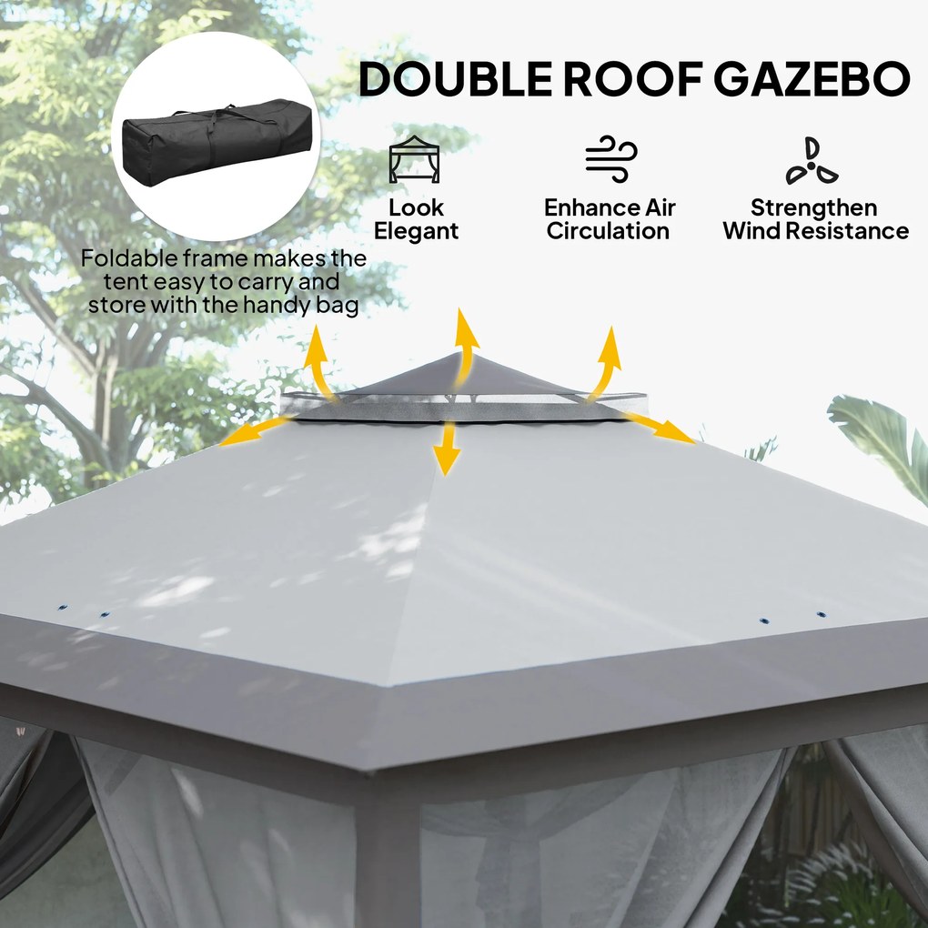 Outsunny Składany pawilon ogrodowy z metalu i płótna, moskitiery, otwory odpływowe, 330D x 330S x 288W cm, Szary