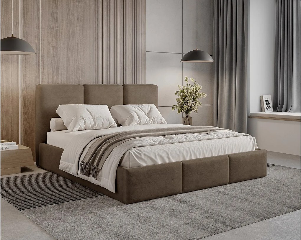 BESILIO Łóżko tapicerowane z pojemnikiem 180x200 Elora - Łóżko slim, ozdobne wezgłowie, stelaż metalowy- Brązowy