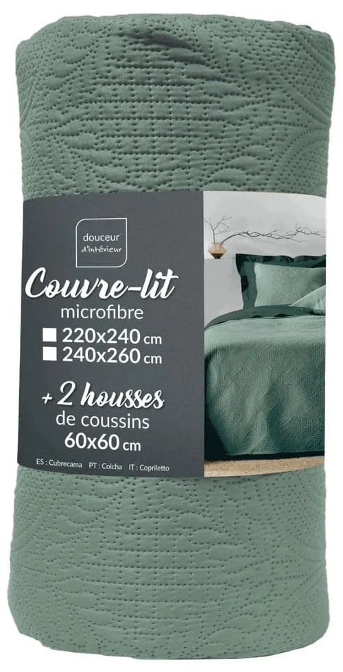 Zielony zestaw narzuty na łóżko i poszewki na poduszkę z mikrowłókna 240x260 cm Romane – douceur d'intérieur