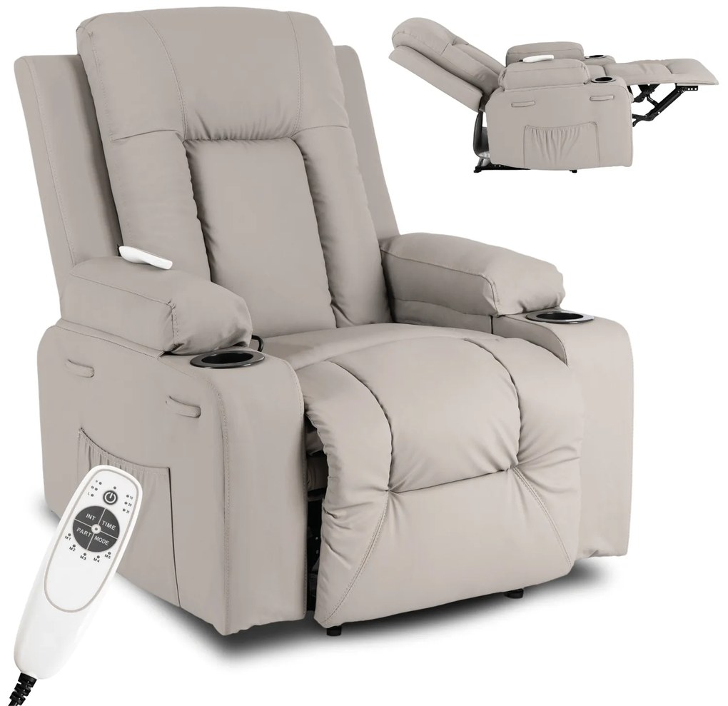 Fotel Masujący BOX Rozkładany Wypoczynkowy z Podnóżkiem Szary Ekoskóra Nowoczesny