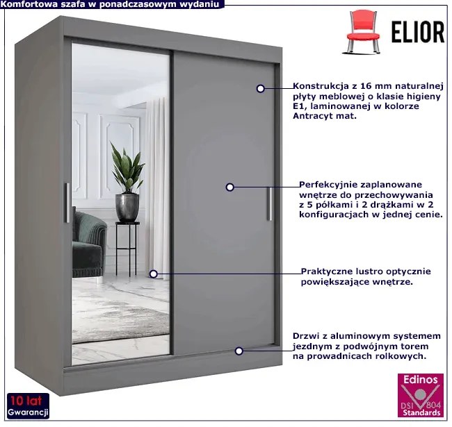 Antracytowa szafa przesuwna z lustrem 150 cm - Seko 4X