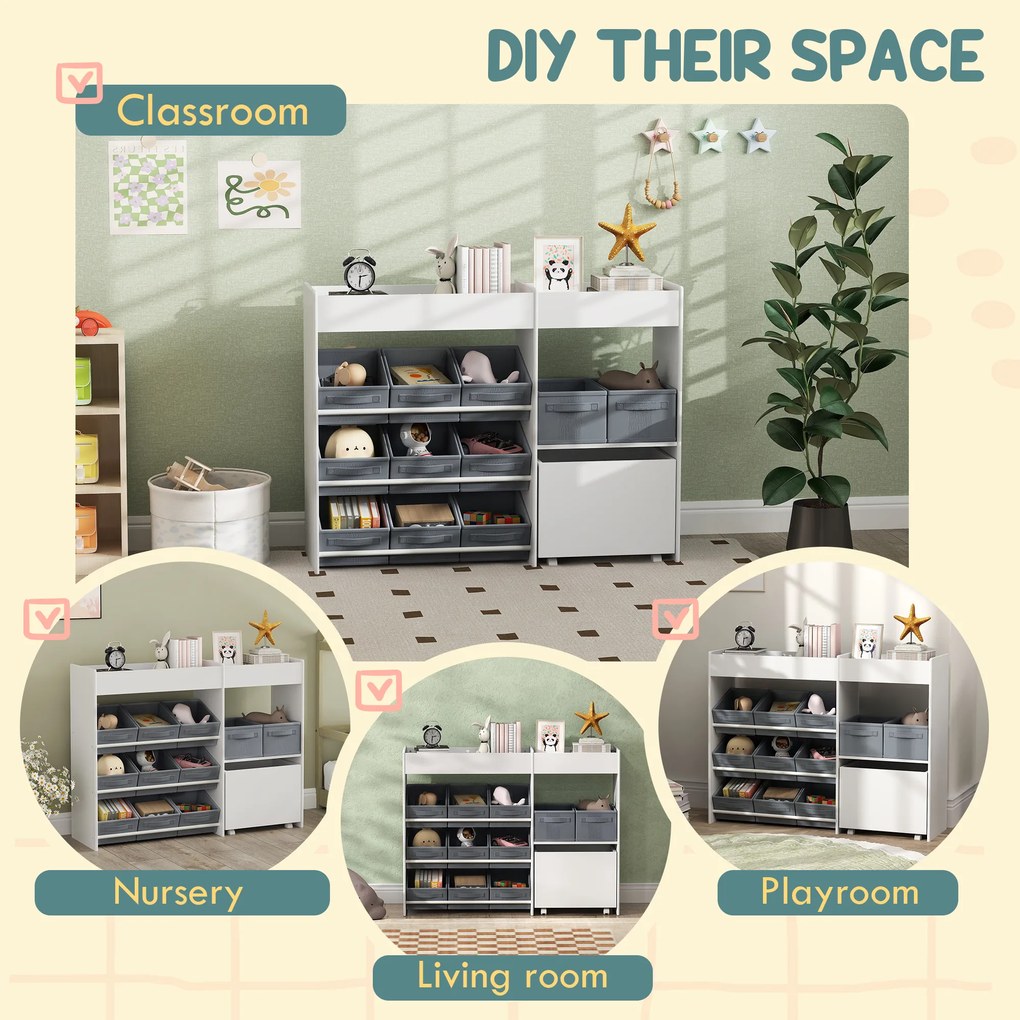 AIYAPLAY Regał do przechowywania dla dzieci, Szafka na zabawki dla dzieci z 11 pudełkami z tkaniny, górnymi półkami, 3 naklejkami, Biały