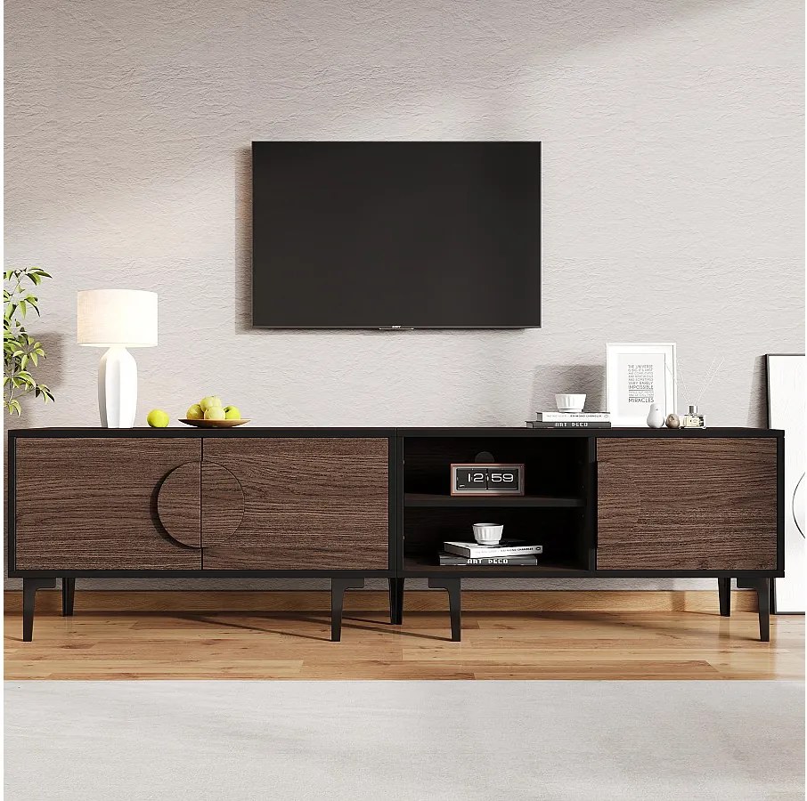 Niski stolik RTV do salonu - 180 x 35 x 49 cm - z 3 drzwiami + otwarte półki - do TV 80 cali - płyta wiórowa - brązowy