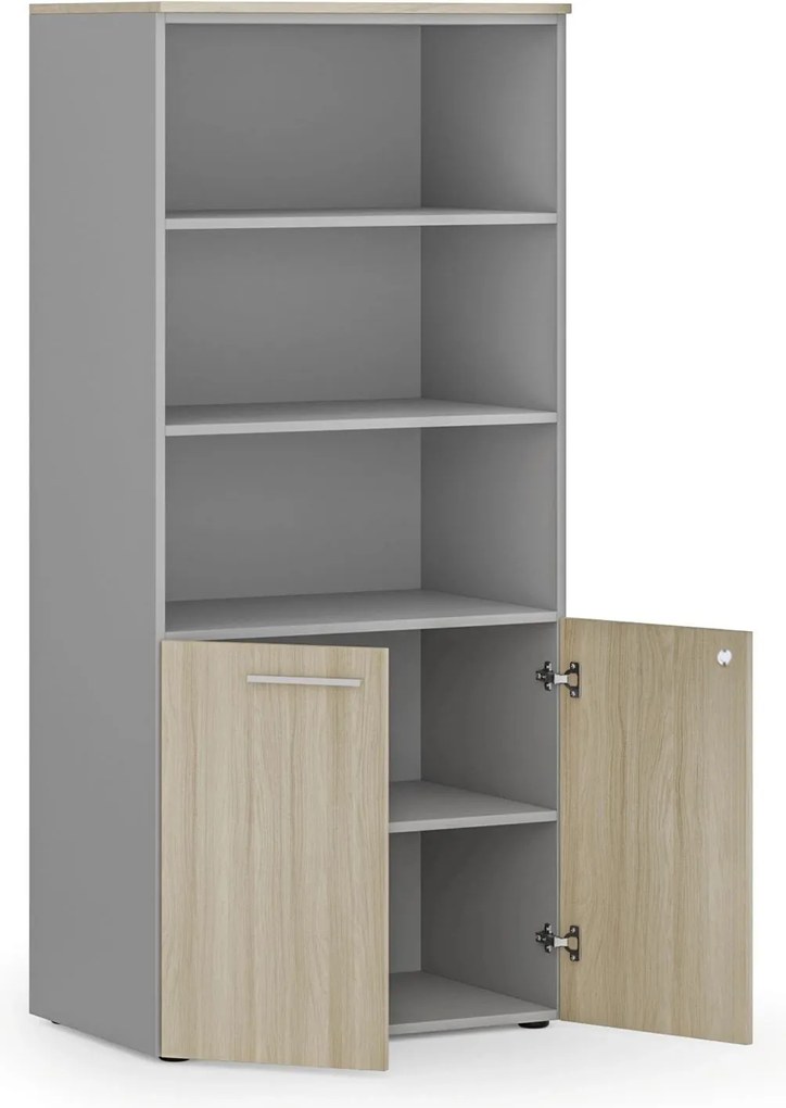 Szafa biurowa z drzwiami niskimi PRIMO GRAY, 800 x 500 x 1781 mm, szary/dąb naturalny