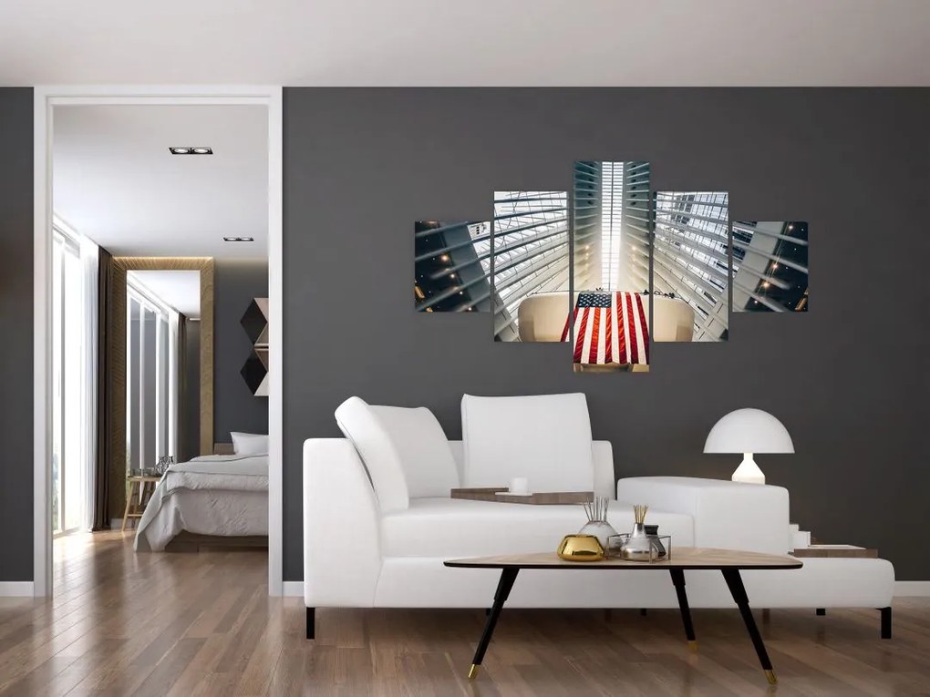 Obraz budynku z flagą USA (125x70 cm)