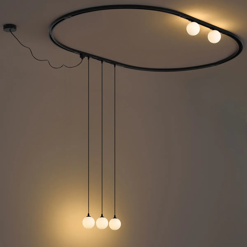 Nowoczesny owalny system szynowy czarny z 3 lampami wiszącymi i 2 lampami sufitowymi białymi 1-fazowy - Iconic Perle