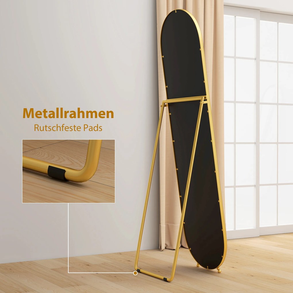 HOMCOM Lustro całopostaciowe, owalny kształt, wolnostojące, rama metalowa, 50x180 cm, złote | Aosom PL