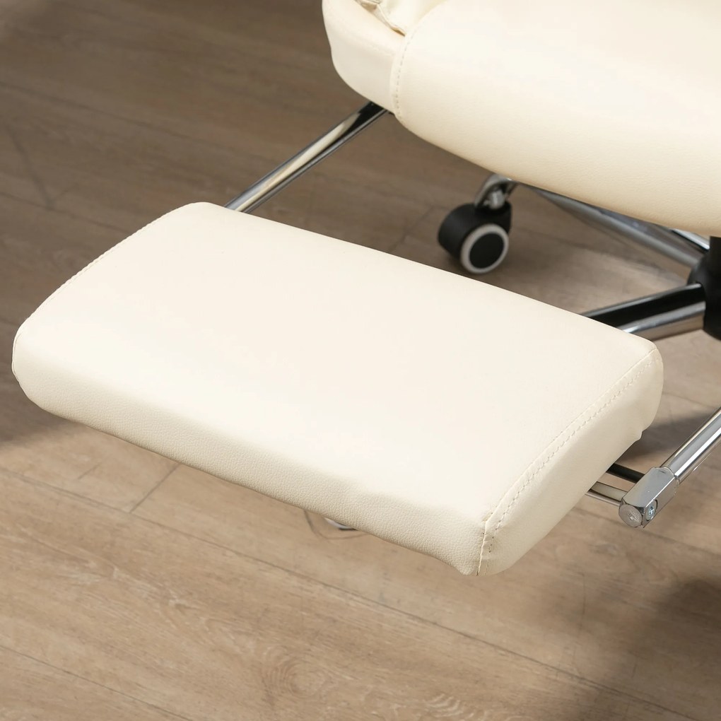 HOMCOM Fotel Biurowy Szefowski z Podnóżkiem Kremowo Biały Regulowane Oparcie i Pochylenie Komfort Pracy | Aosom PL