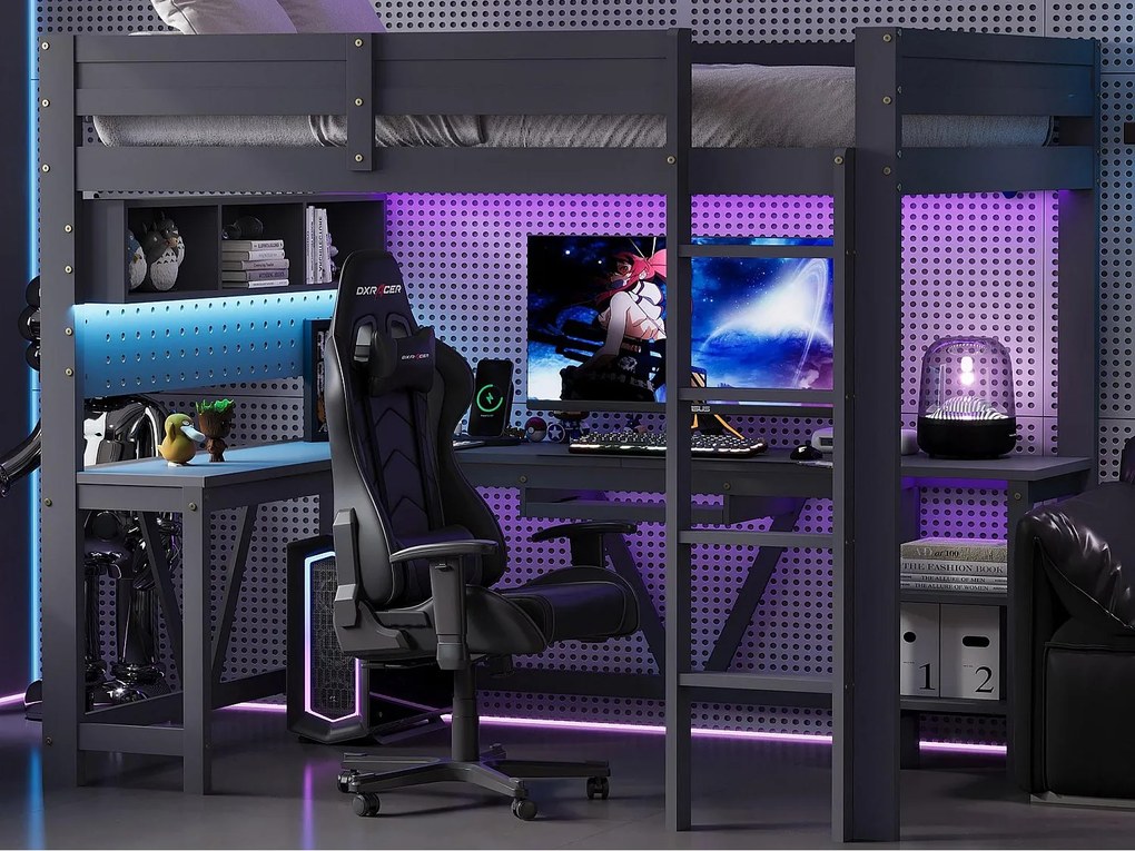 Łóżko na antresoli drewniane 90x200 cm - z biurkiem i przegródkami do przechowywania - LED i port ładowania - Szary​ (materac nie jest wliczony w cenę)