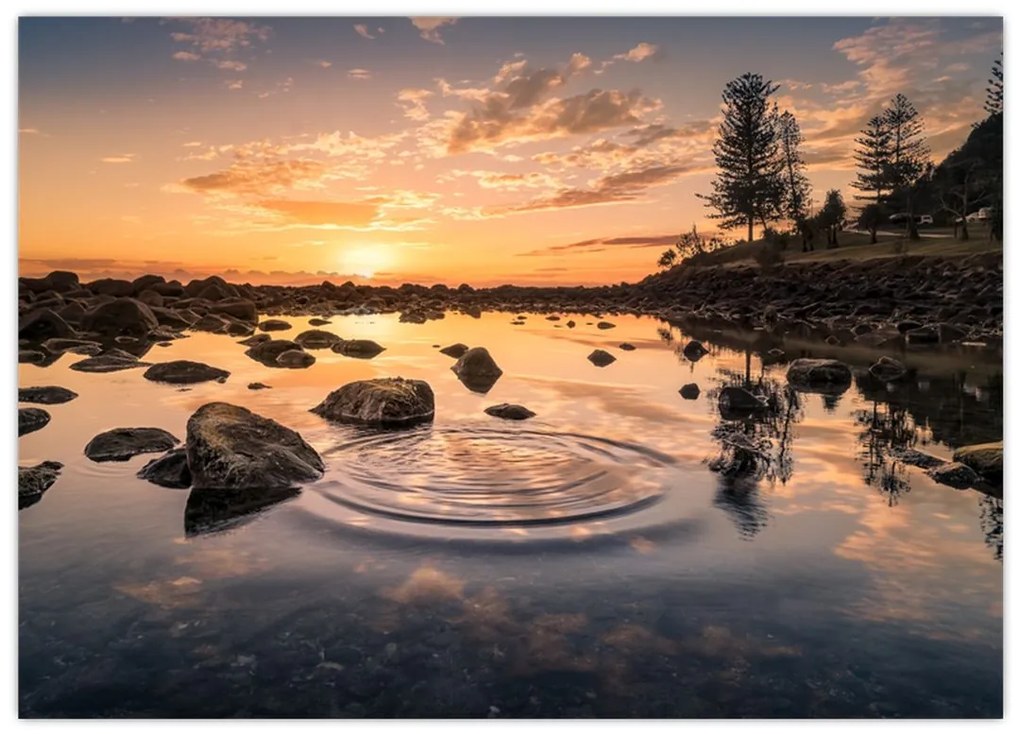 Obraz na szkle - Zachód słońca nad jeziorem (70x50 cm)