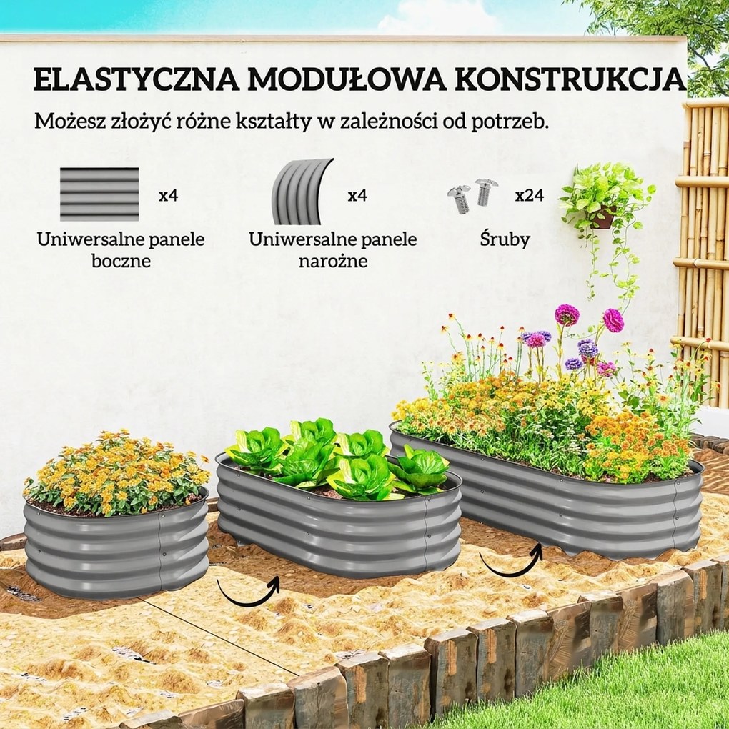 Outsunny Hochbeet Skrzynka Warzywna, modularne wysokie łóżko, chronione brzegi, design bez dna, 150 x 62 x 30 cm, Srebrne