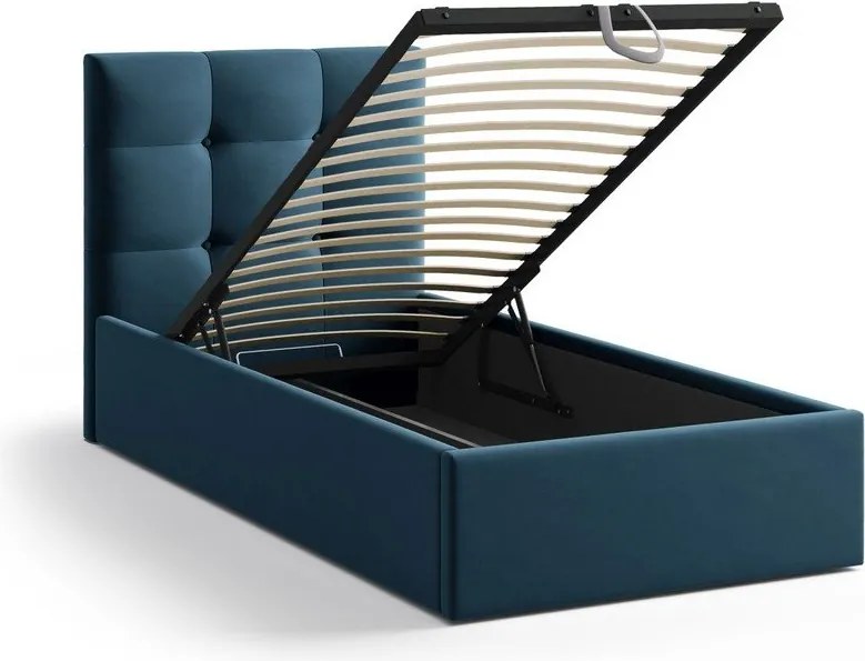Niebieskie tapicerowane łóżko jednoosobowe ze schowkiem i stelażem 90x200 cm Phaedra – Micadoni