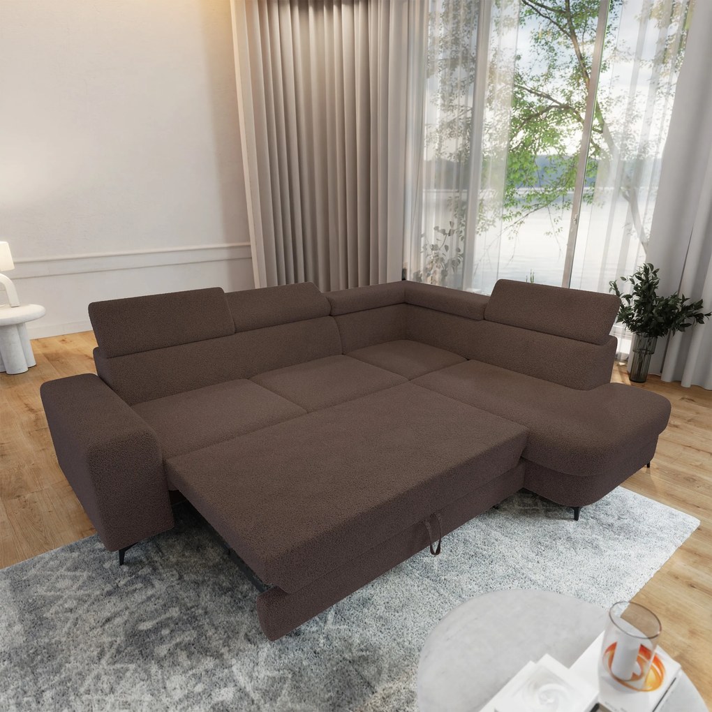 Masseno Narożnik ALVORO z funkcją spania i pojemnikiem na pościel Narozniki L, Rozkładana sofa - Brązowy, QUELLE 25