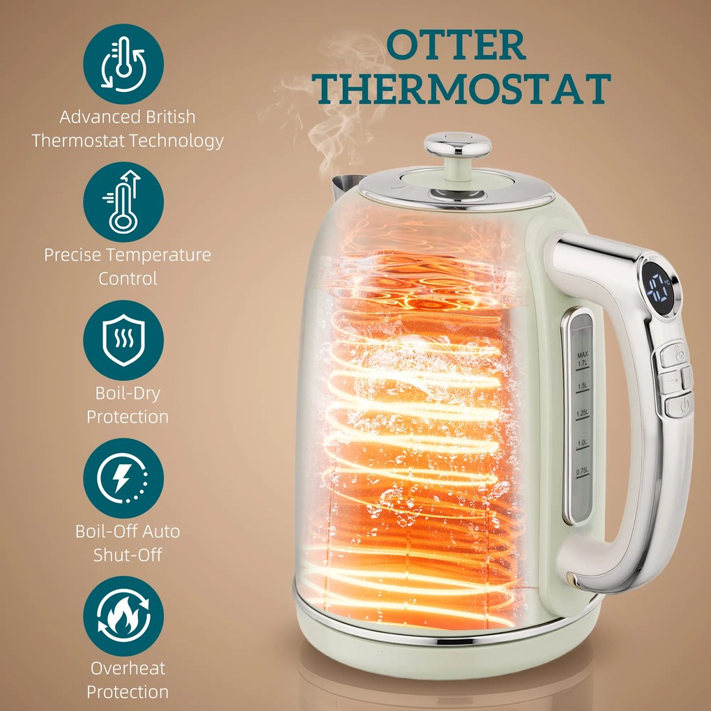 HOMCOM Zestaw czajnik i toster, wyświetlacz LED, 1,7 l, 2200W, retro design, funkcja pamięci, szary