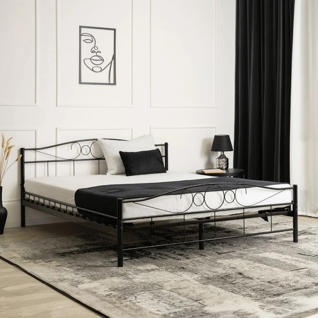 Łóżko Metalowe 160x200 cm ze Stelażem Dwuosobowe GRIFFIN Czarne