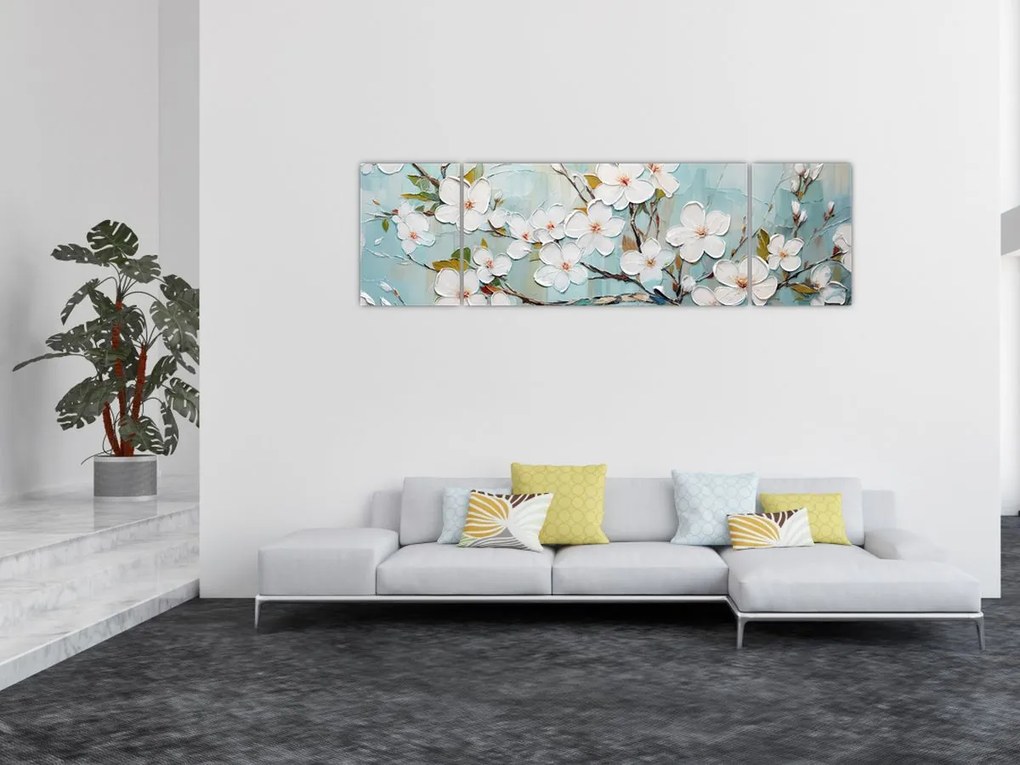Obraz - Malowanie, kwitnące gałęzie drzew (170x50 cm)
