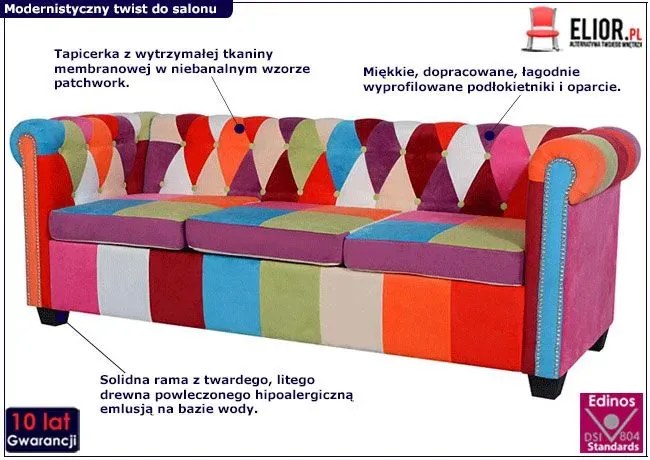 Patchwork sofa w stylu chesterfield trzyosobowa E1-K60