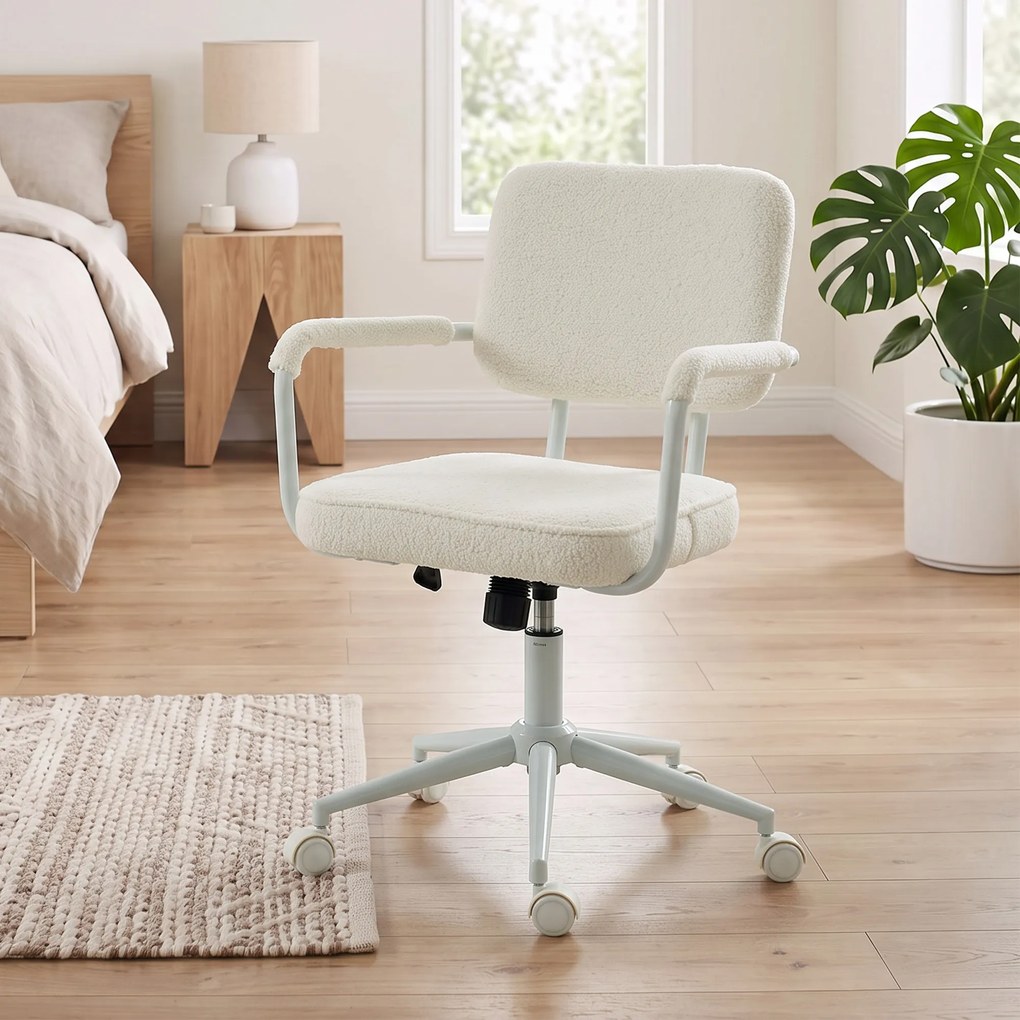 HOMCOM Krzesło biurowe z Sherpa-Fleece, krzesło obrotowe z funkcją obrotu 360°, funkcją kołysania, regulowane, z rolkami PU, kremowo-białe | Aosom PL