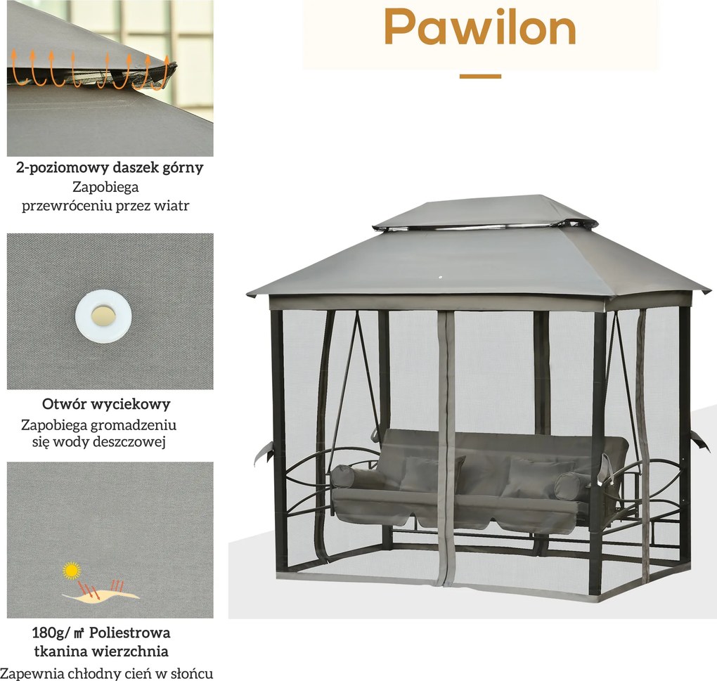 3osobowa huśtawka ogrodowa z dachem i ściankami bocznymi Funkcja odchylania Pawilon w kolorze beżowym | Aosom PL