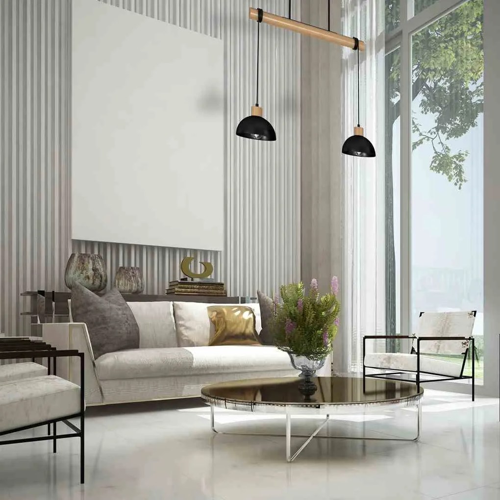Lampa wisząca, czarna, podwójna, drewno, ERIK Black/Wood 2xE27