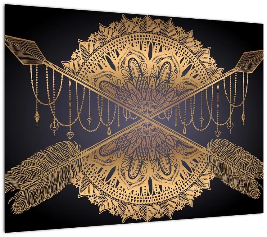 Obraz na szkle - Złota mandala ze strzałkami (70x50 cm)